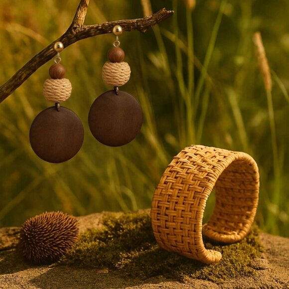 ποΈ Boho Chic Rattan & Wood Bracelet and Earrings Set π Natural Elegance πΎ - Picture 1 of 8